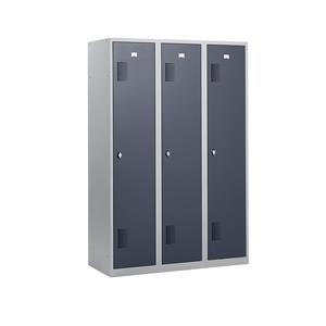 eurokraft basic AMSTERDAM Garderobenschrank, Höhe 1800 mm, Breite 1200 mm, 3 Abteile, mit Vorhängeschlossvorrichtung, lichtgrau/basaltgrau