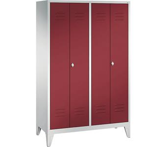 C+P CLASSIC Garderobenschrank mit Füßen, zueinander schlagende Türen, 4 Abteile, Abteilbreite 300 mm, lichtgrau / rubinrot