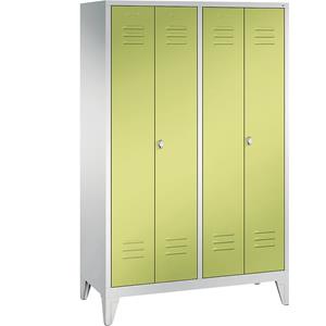 C+P CLASSIC Garderobenschrank mit Füßen, zueinander schlagende Türen, 4 Abteile, Abteilbreite 300 mm, lichtgrau / viridingrün
