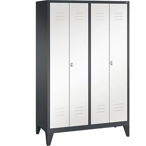 C+P CLASSIC Garderobenschrank mit Füßen, zueinander schlagende Türen, 4 Abteile, Abteilbreite 300 mm, schwarzgrau / verkehrsweiß