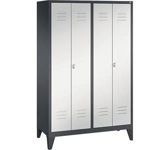 C+P CLASSIC Garderobenschrank mit Füßen, zueinander schlagende Türen, 4 Abteile, Abteilbreite 300 mm, schwarzgrau / lichtgrau