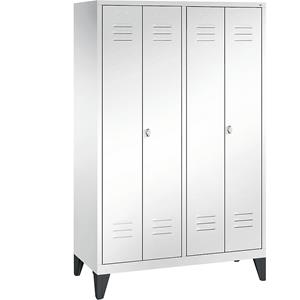 C+P CLASSIC Garderobenschrank mit Füßen, zueinander schlagende Türen, 4 Abteile, Abteilbreite 300 mm, verkehrsweiß