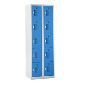 Eurokraft basic AMSTERDAM lockerkast, 2 vakken, breedte 600 mm, 10 vakken, draaigrendel voor hangslot, deur lichtblauw, kastframe lichtgrijs