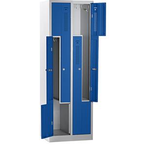 Eurokraft basic AMSTERDAM Z-garderobekast, breedte 590 mm, 2 afdelingen, 4 deuren, deur gentiaanblauw, kastframe lichtgrijs