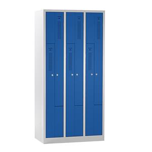 eurokraft basic AMSTERDAM Z-Garderobenschrank, Breite 1185 mm, 3 Abteile, 6 Türen, Türfarbe Enzianblau, Korpus lichtgrau