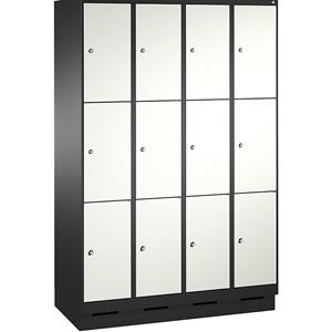 C+P EVOLO Fächerschrank, mit Sockel, 4 Abteile, je 3 Fächer, Abteilbreite 300 mm, schwarzgrau / verkehrsweiß