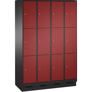 C+P EVOLO Fächerschrank, mit Sockel, 4 Abteile, je 3 Fächer, Abteilbreite 300 mm, schwarzgrau / rubinrot