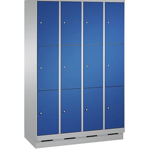 C+P EVOLO Fächerschrank, mit Sockel, 4 Abteile, je 3 Fächer, Abteilbreite 300 mm, weißaluminium / enzianblau