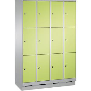 C+P EVOLO Fächerschrank, mit Sockel, 4 Abteile, je 3 Fächer, Abteilbreite 300 mm, weißaluminium / viridingrün
