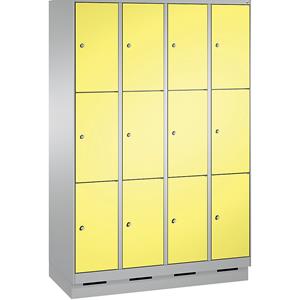 C+P EVOLO Fächerschrank, mit Sockel, 4 Abteile, je 3 Fächer, Abteilbreite 300 mm, weißaluminium / schwefelgelb