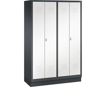 C+P CLASSIC Garderobenschrank mit Sockel, zueinander schlagende Türen, 4 Abteile, Abteilbreite 300 mm, schwarzgrau / verkehrsweiß