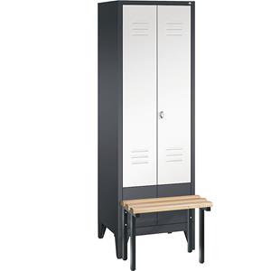 C+P CLASSIC Garderobenschrank mit vorgebauter Sitzbank, zueinander schlagende Türen, 2 Abteile, Abteilbreite 300 mm, schwarzgrau / verkehrsweiß