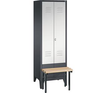 C+P CLASSIC Garderobenschrank mit vorgebauter Sitzbank, zueinander schlagende Türen, 2 Abteile, Abteilbreite 300 mm, schwarzgrau / lichtgrau