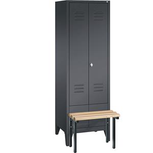 C+P CLASSIC Garderobenschrank mit vorgebauter Sitzbank, zueinander schlagende Türen, 2 Abteile, Abteilbreite 300 mm, schwarzgrau