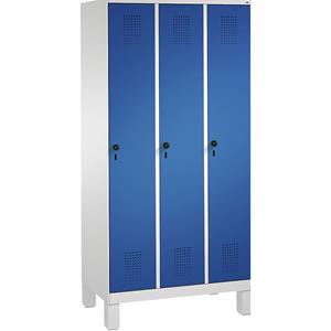 C+P EVOLO Garderobenschrank, mit Füßen, 3 Abteile, Abteilbreite 300 mm, lichtgrau / enzianblau