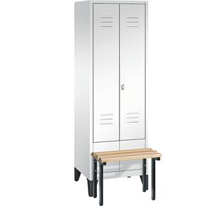 C+P CLASSIC Garderobenschrank mit vorgebauter Sitzbank, zueinander schlagende Türen, 2 Abteile, Abteilbreite 300 mm, verkehrsweiß