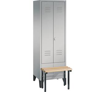 C+P CLASSIC Garderobenschrank mit vorgebauter Sitzbank, zueinander schlagende Türen, 2 Abteile, Abteilbreite 300 mm, weißaluminium