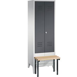 C+P CLASSIC Garderobenschrank mit vorgebauter Sitzbank, zueinander schlagende Türen, 2 Abteile, Abteilbreite 300 mm, lichtgrau / schwarzgrau