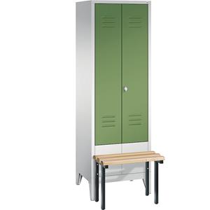 C+P CLASSIC Garderobenschrank mit vorgebauter Sitzbank, zueinander schlagende Türen, 2 Abteile, Abteilbreite 300 mm, lichtgrau / resedagrün