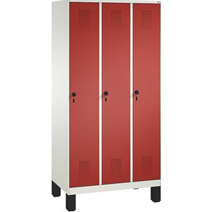 C+P EVOLO Garderobenschrank, mit Füßen, 3 Abteile, Abteilbreite 300 mm, verkehrsweiß / feuerrot