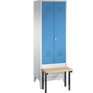 C+P CLASSIC Garderobenschrank mit vorgebauter Sitzbank, zueinander schlagende Türen, 2 Abteile, Abteilbreite 300 mm, lichtgrau / lichtblau