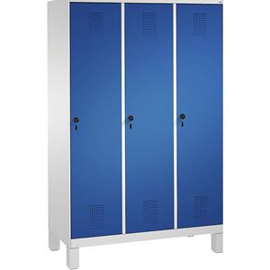 C+P EVOLO Garderobenschrank, mit Füßen, 3 Abteile, Abteilbreite 400 mm, lichtgrau / enzianblau