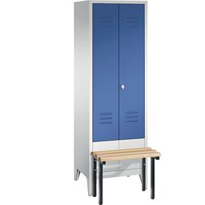 C+P CLASSIC Garderobenschrank mit vorgebauter Sitzbank, zueinander schlagende Türen, 2 Abteile, Abteilbreite 300 mm, lichtgrau / enzianblau