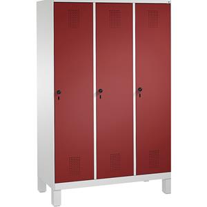 C+P EVOLO Garderobenschrank, mit Füßen, 3 Abteile, Abteilbreite 400 mm, lichtgrau / rubinrot