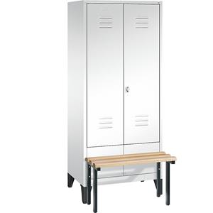 C+P CLASSIC Garderobenschrank mit vorgebauter Sitzbank, zueinander schlagende Türen, 2 Abteile, Abteilbreite 400 mm, verkehrsweiß