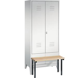 C+P CLASSIC Garderobenschrank mit vorgebauter Sitzbank, zueinander schlagende Türen, 2 Abteile, Abteilbreite 400 mm, lichtgrau