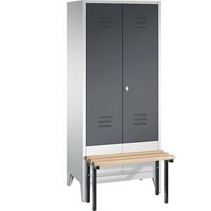C+P CLASSIC Garderobenschrank mit vorgebauter Sitzbank, zueinander schlagende Türen, 2 Abteile, Abteilbreite 400 mm, lichtgrau / schwarzgrau