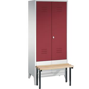 C+P CLASSIC Garderobenschrank mit vorgebauter Sitzbank, zueinander schlagende Türen, 2 Abteile, Abteilbreite 400 mm, lichtgrau / rubinrot