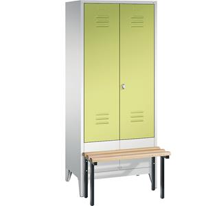 C+P CLASSIC Garderobenschrank mit vorgebauter Sitzbank, zueinander schlagende Türen, 2 Abteile, Abteilbreite 400 mm, lichtgrau / viridingrün