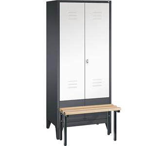 C+P CLASSIC Garderobenschrank mit vorgebauter Sitzbank, zueinander schlagende Türen, 2 Abteile, Abteilbreite 400 mm, schwarzgrau / verkehrsweiß