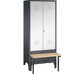 C+P CLASSIC Garderobenschrank mit vorgebauter Sitzbank, zueinander schlagende Türen, 2 Abteile, Abteilbreite 400 mm, schwarzgrau / lichtgrau