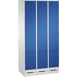 C+P EVOLO Fächerschrank, mit Sockel, 3 Abteile, je 4 Fächer, Abteilbreite 300 mm, lichtgrau / enzianblau