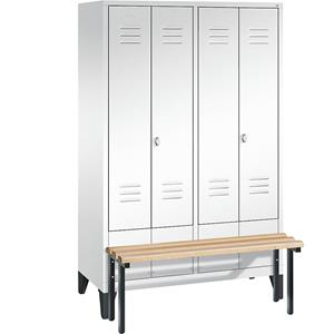 C+P CLASSIC Garderobenschrank mit vorgebauter Sitzbank, zueinander schlagende Türen, 4 Abteile, Abteilbreite 300 mm, verkehrsweiß