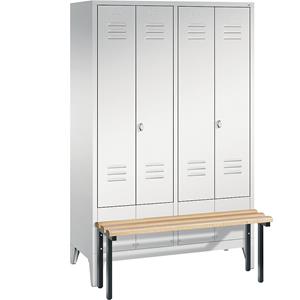 C+P CLASSIC Garderobenschrank mit vorgebauter Sitzbank, zueinander schlagende Türen, 4 Abteile, Abteilbreite 300 mm, lichtgrau