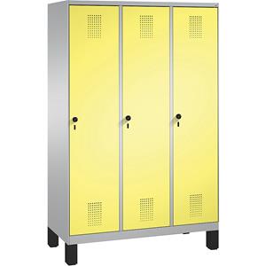 C+P EVOLO Garderobenschrank, mit Füßen, 3 Abteile, Abteilbreite 400 mm, weißaluminium / schwefelgelb