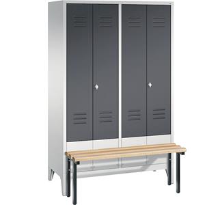 C+P CLASSIC Garderobenschrank mit vorgebauter Sitzbank, zueinander schlagende Türen, 4 Abteile, Abteilbreite 300 mm, lichtgrau / schwarzgrau