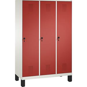 C+P EVOLO Garderobenschrank, mit Füßen, 3 Abteile, Abteilbreite 400 mm, verkehrsweiß / feuerrot