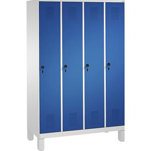 C+P EVOLO Garderobenschrank, mit Füßen, 4 Abteile, Abteilbreite 300 mm, lichtgrau / enzianblau