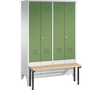 C+P CLASSIC Garderobenschrank mit vorgebauter Sitzbank, zueinander schlagende Türen, 4 Abteile, Abteilbreite 300 mm, lichtgrau / resedagrün
