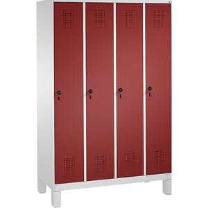 C+P EVOLO Garderobenschrank, mit Füßen, 4 Abteile, Abteilbreite 300 mm, lichtgrau / rubinrot