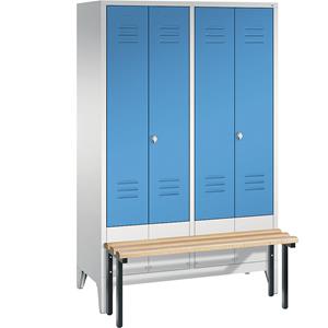 C+P CLASSIC Garderobenschrank mit vorgebauter Sitzbank, zueinander schlagende Türen, 4 Abteile, Abteilbreite 300 mm, lichtgrau / lichtblau