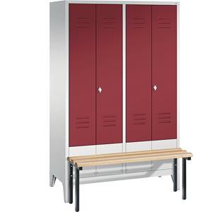 C+P CLASSIC Garderobenschrank mit vorgebauter Sitzbank, zueinander schlagende Türen, 4 Abteile, Abteilbreite 300 mm, lichtgrau / rubinrot
