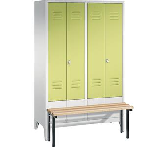 C+P CLASSIC Garderobenschrank mit vorgebauter Sitzbank, zueinander schlagende Türen, 4 Abteile, Abteilbreite 300 mm, lichtgrau / viridingrün