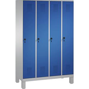 C+P EVOLO Garderobenschrank, mit Füßen, 4 Abteile, Abteilbreite 300 mm, weißaluminium / enzianblau