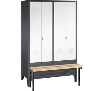 C+P CLASSIC Garderobenschrank mit vorgebauter Sitzbank, zueinander schlagende Türen, 4 Abteile, Abteilbreite 300 mm, schwarzgrau / verkehrsweiß