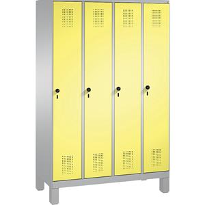 C+P EVOLO Garderobenschrank, mit Füßen, 4 Abteile, Abteilbreite 300 mm, weißaluminium / schwefelgelb